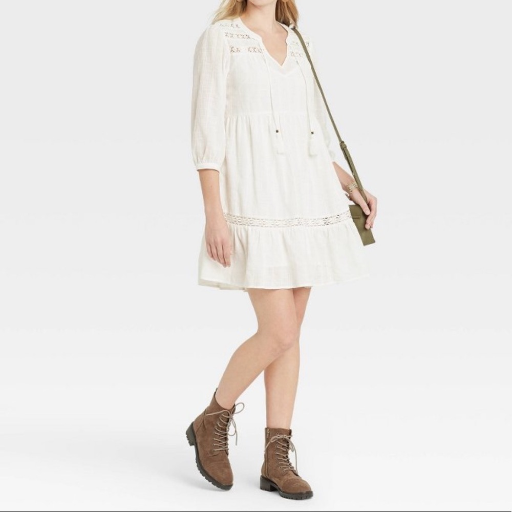 Women Boho Dress Long Sleeve Peasant Shift Ivory L - Picture 2 of 6